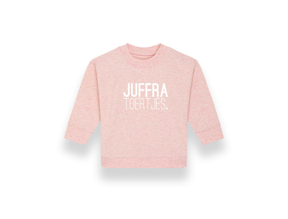 Roze baby sweater met opdruk JUFFRATOERTJES.