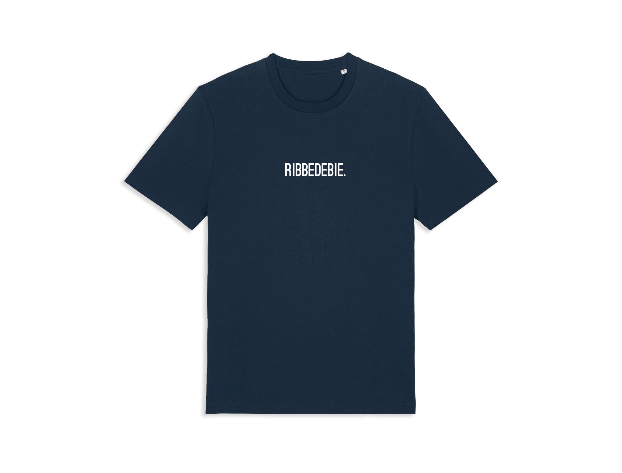 Donkerblauwe T-shirt met opdruk RIBBEDEBIE.