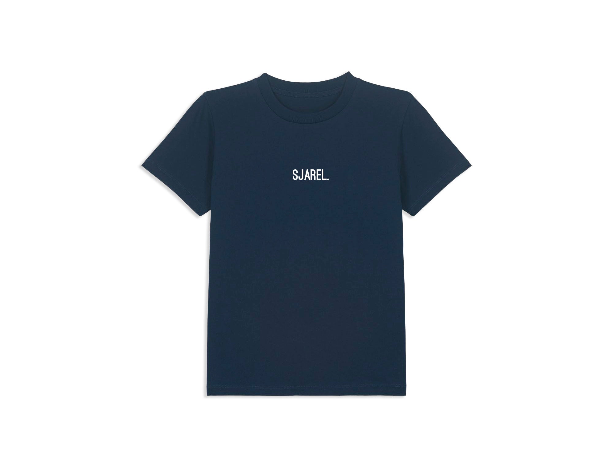 Donkerblauwe T-shirt met opdruk SJAREL. voor kinderen