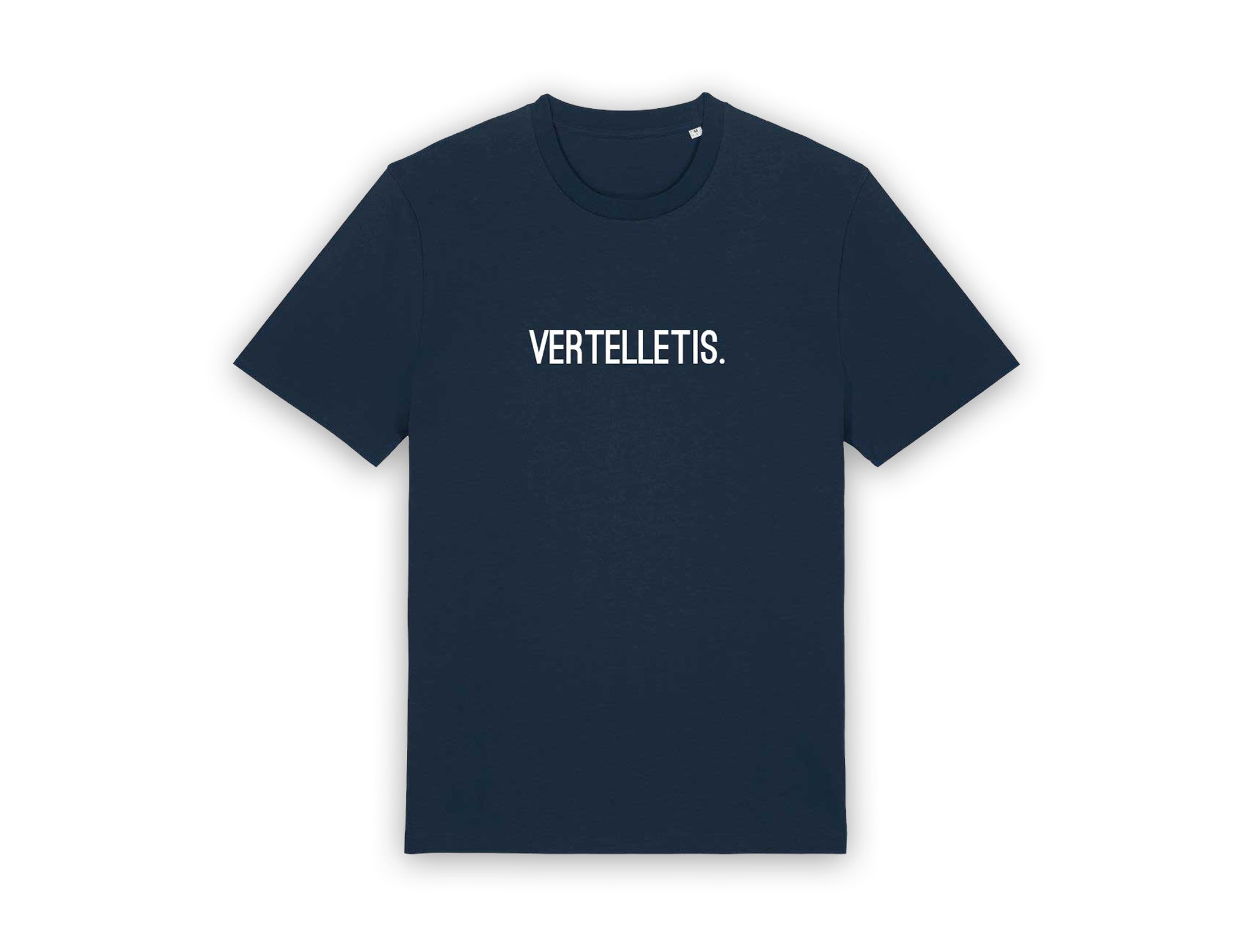 Donkerblauwe T-shirt met opdruk VERTELLETIS.
