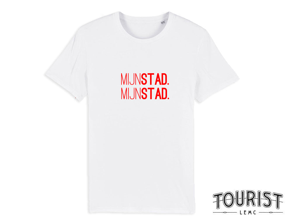 Witte T-shirt met rode opdruk MIJNSTAD. MIJNSTAD.