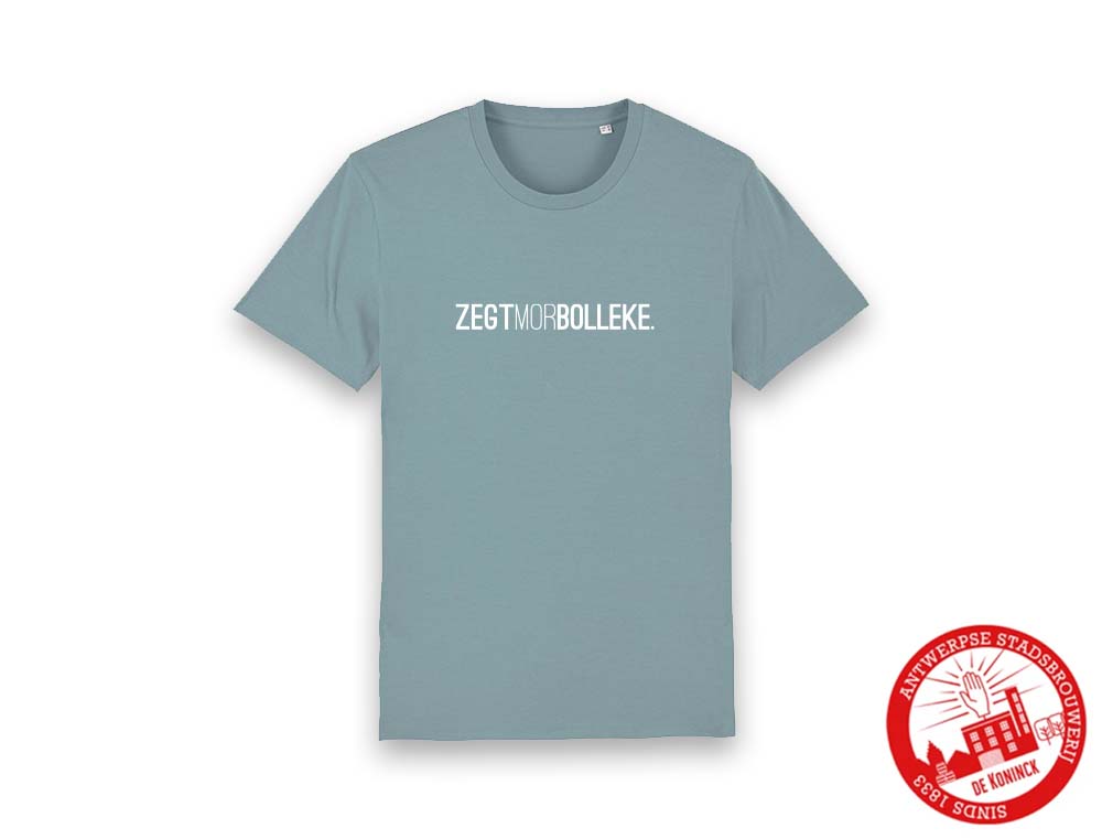 Blauwe T-shirt met opdruk ZEGTMORBOLLEKE.