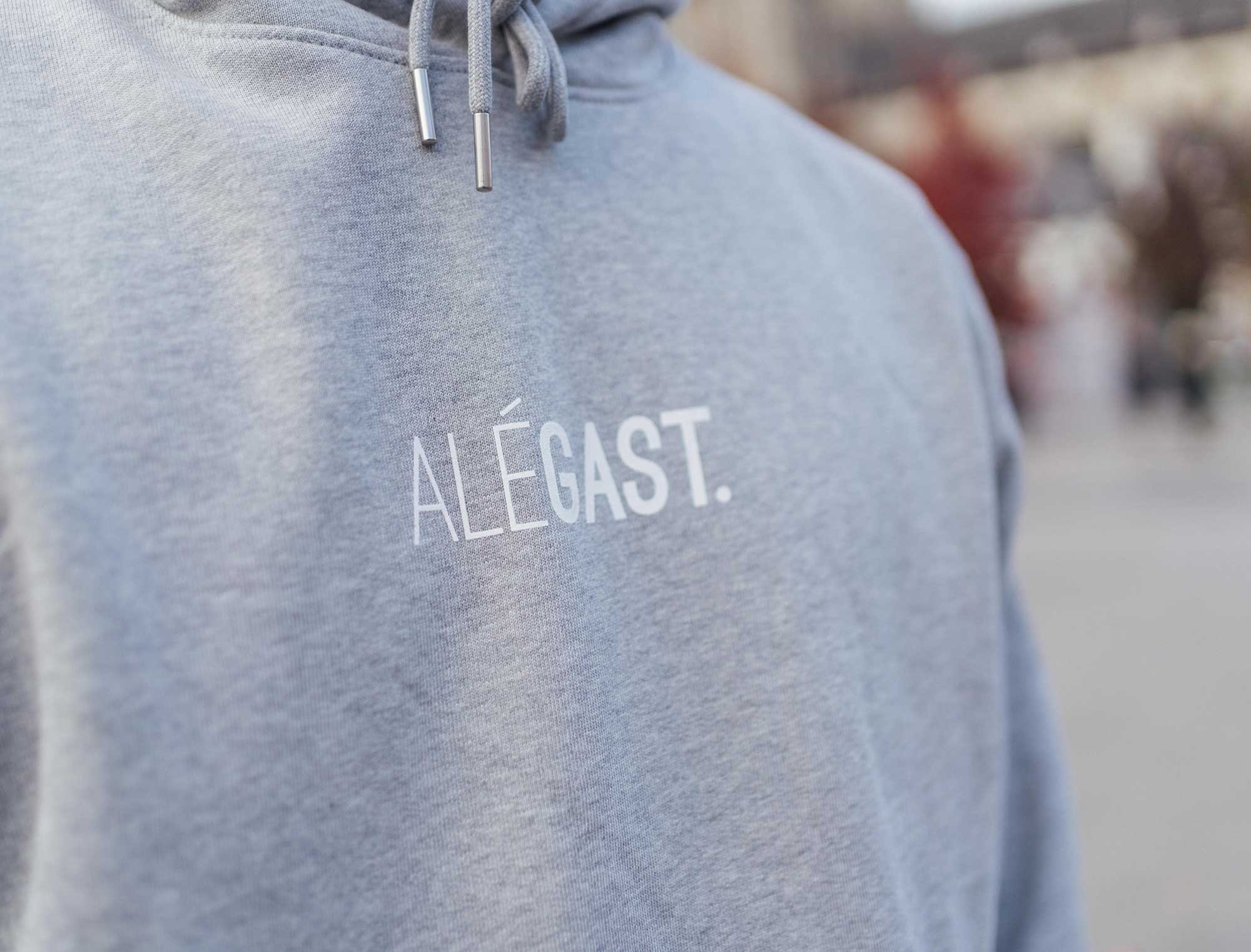Close-up van grijze hoodie met opdruk ALEGAST.
