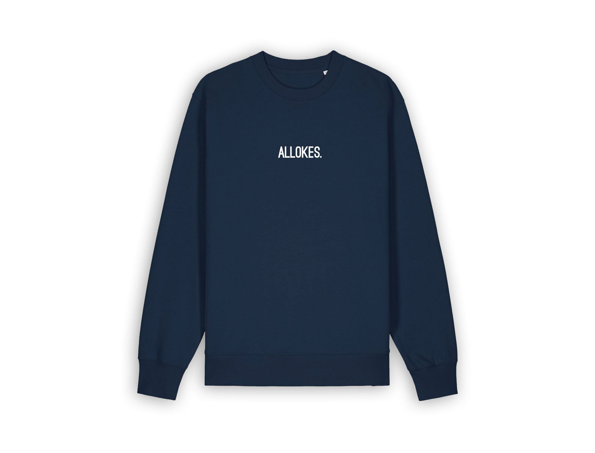 Donkerblauwe sweater met opdruk ALLOKES.