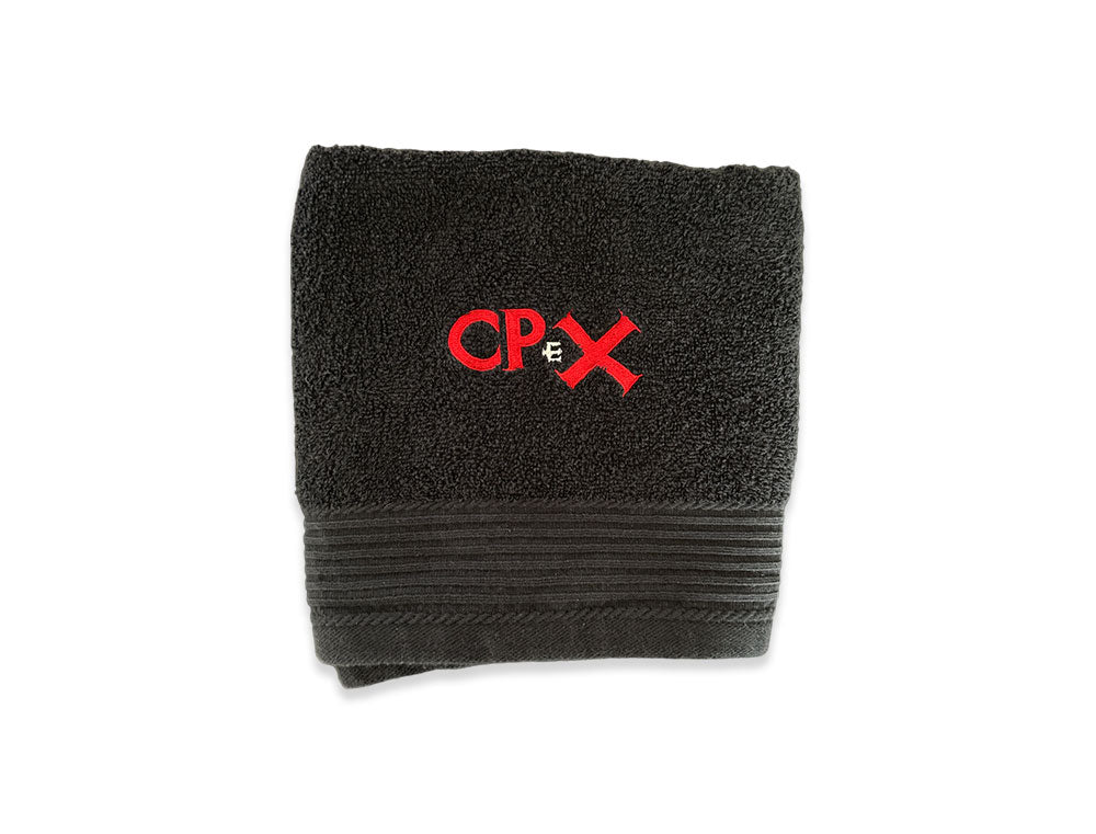 Zwarte handdoek met opdruk CPeX.