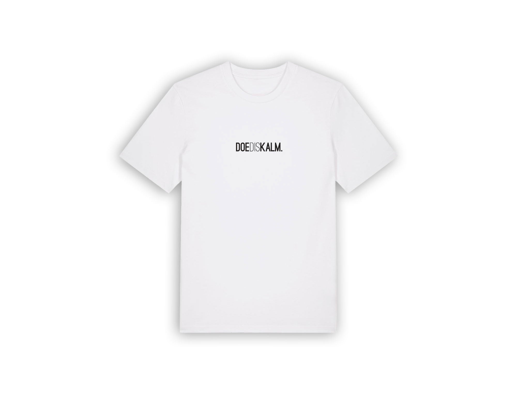 Witte T-shirt met opdruk DOEDISKALM.