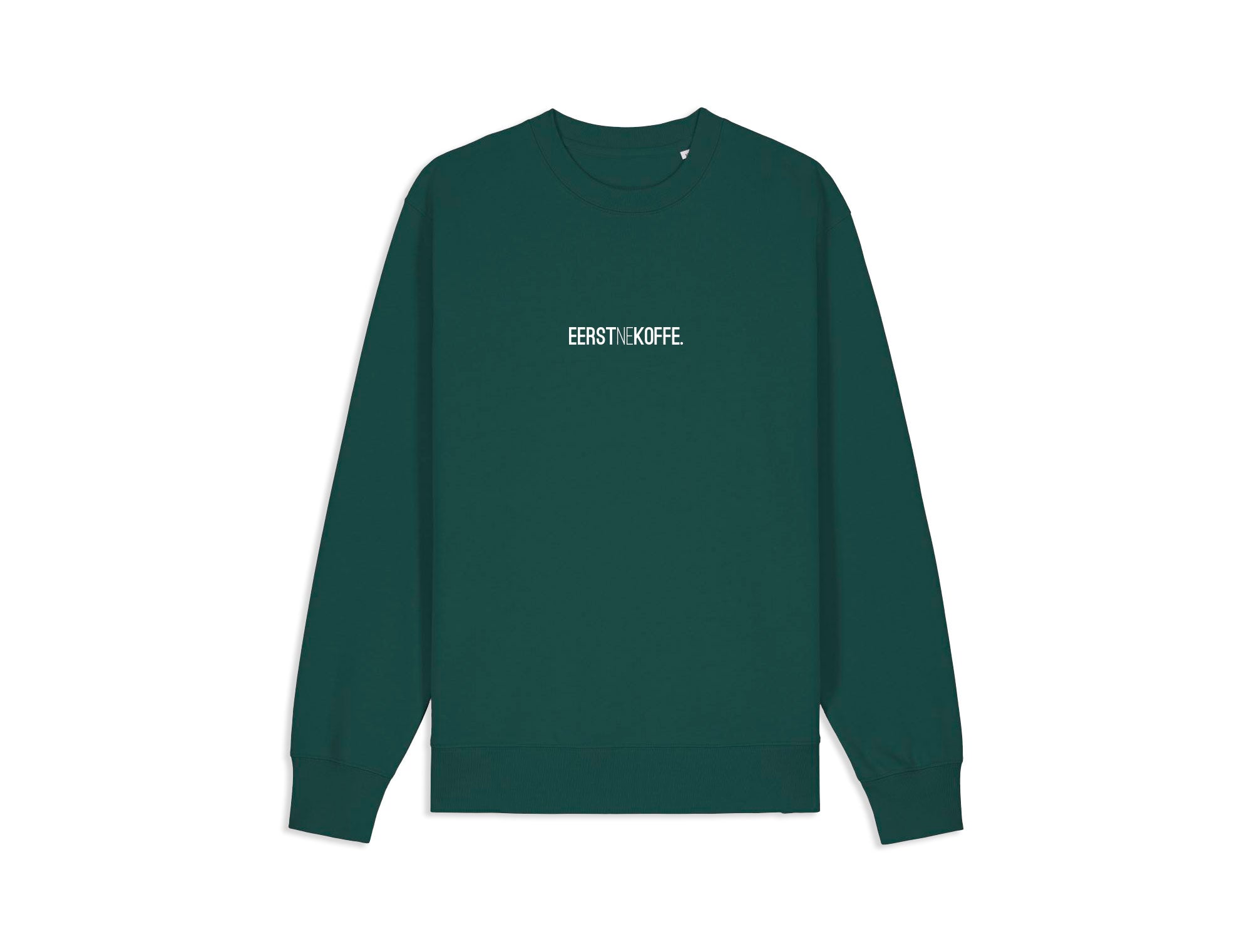 Groene sweater met opdruk EERSTNEKOFFE.