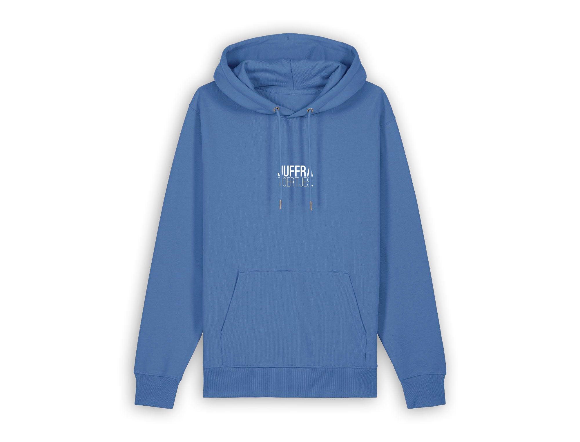 Blauwe hoodie met opdruk JUFFRATOERTJES.