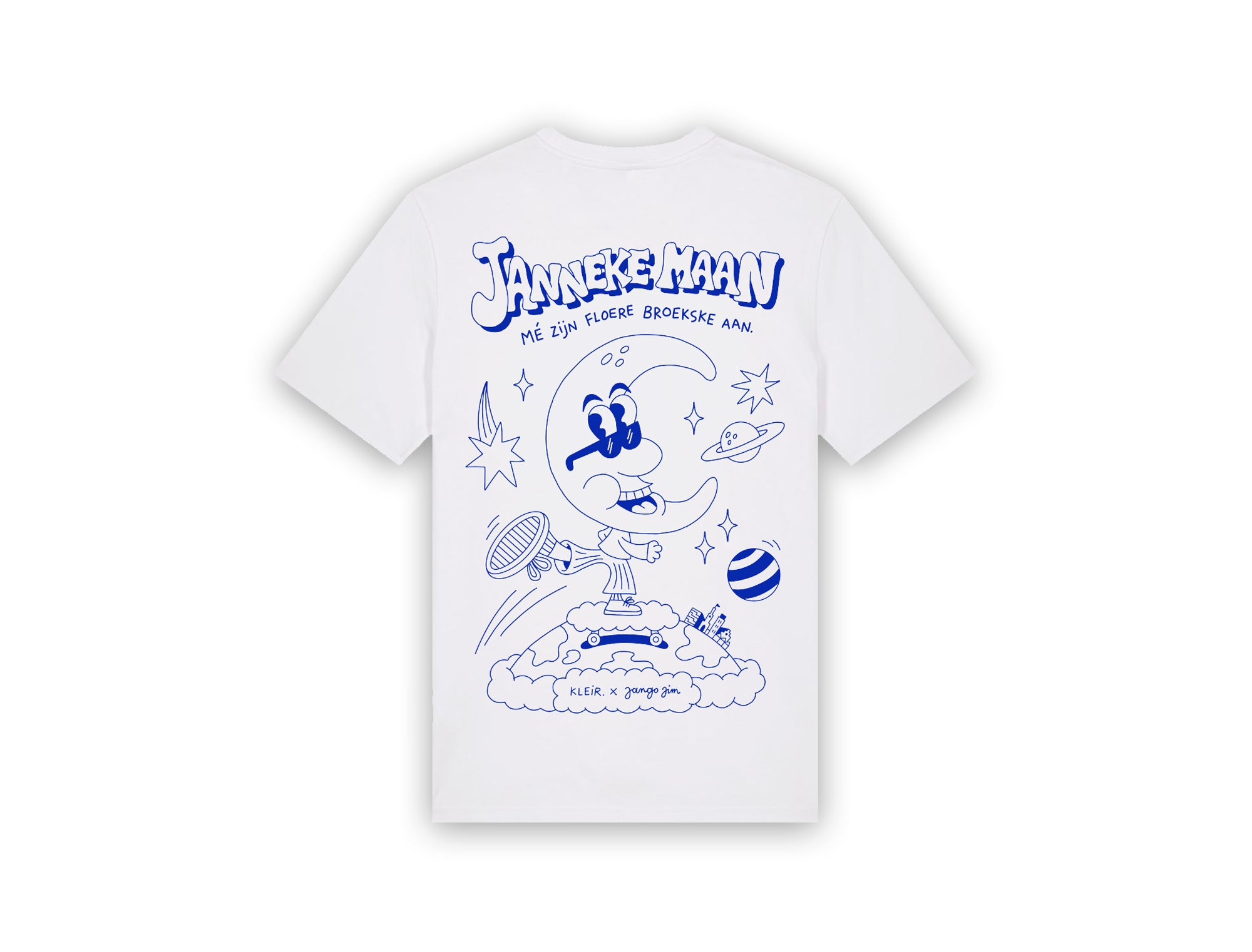 Witte T-shirt met een tekening van Jango Jim 'Janneke maan'