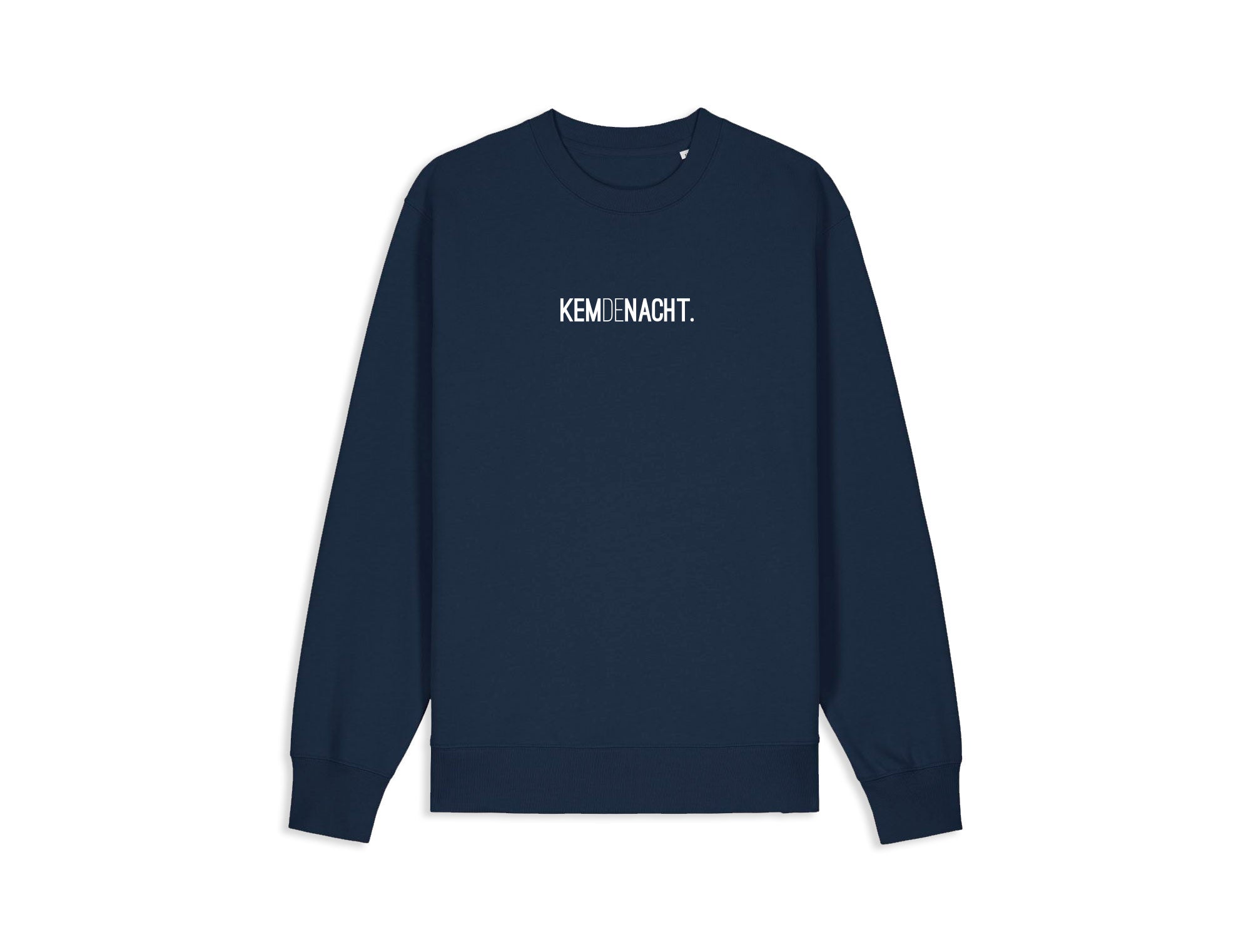 Donkerblauwe sweater met opdruk KEMDENACHT.