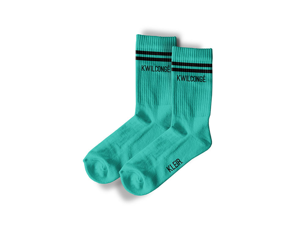 Groene sokken met opdruk KWILCONGE.