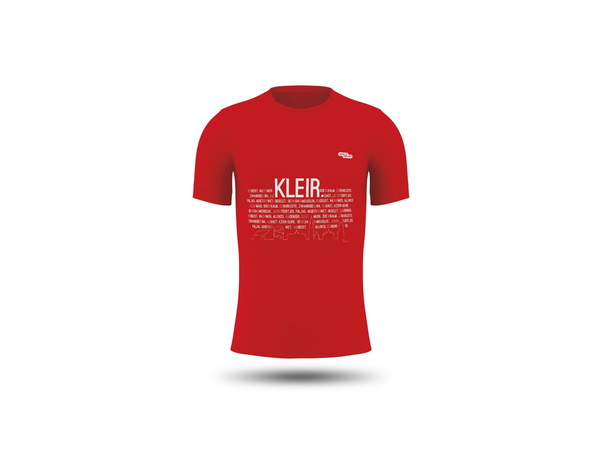 Rood loopshirt van KLEIR. in unisex met tekst KZENERBEKAN. op de achterkant en Antwerpse uitspraken en skyline van Antwerpen op de voorkant