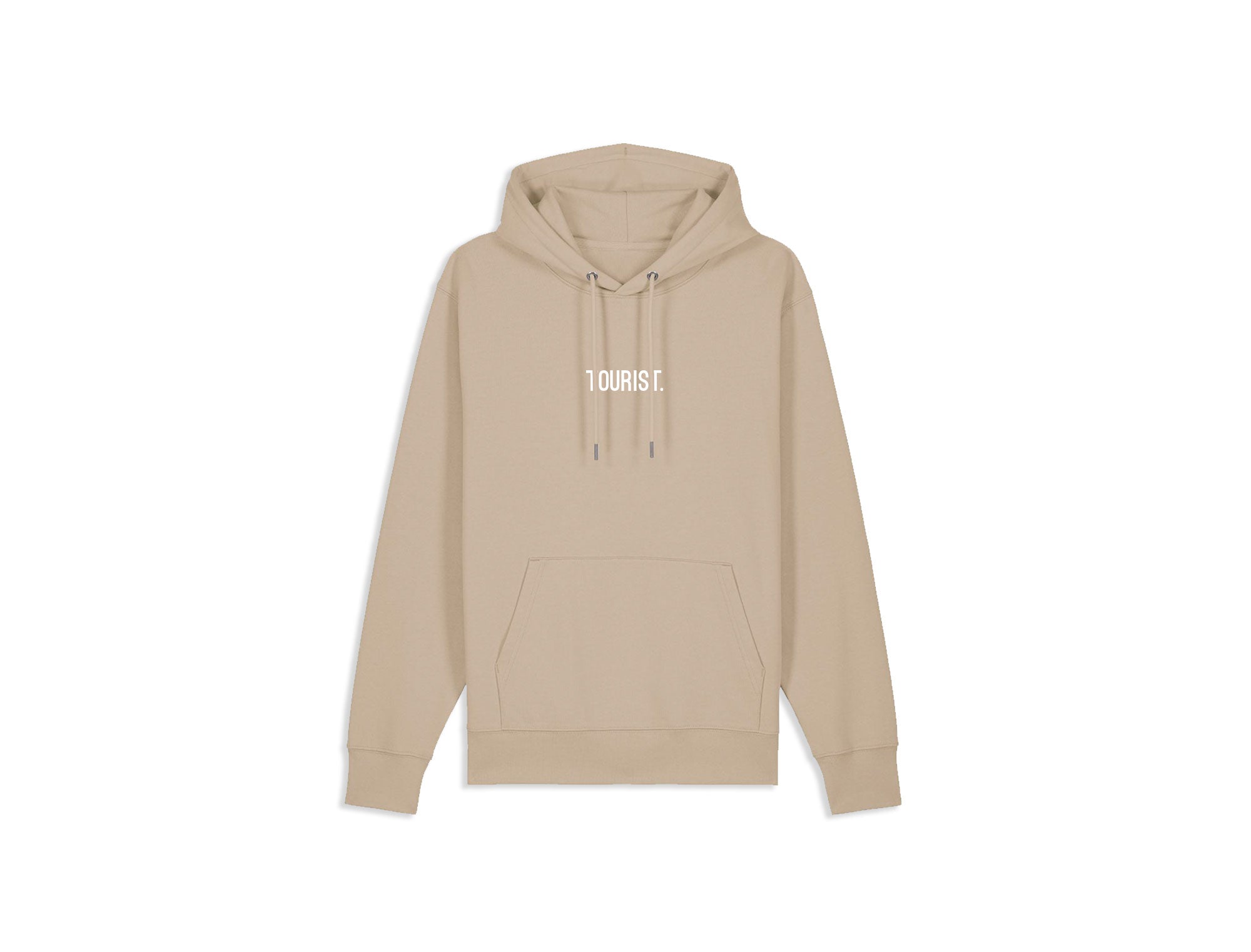 Zandkleurige hoodie TOURIST. op de voorkant.