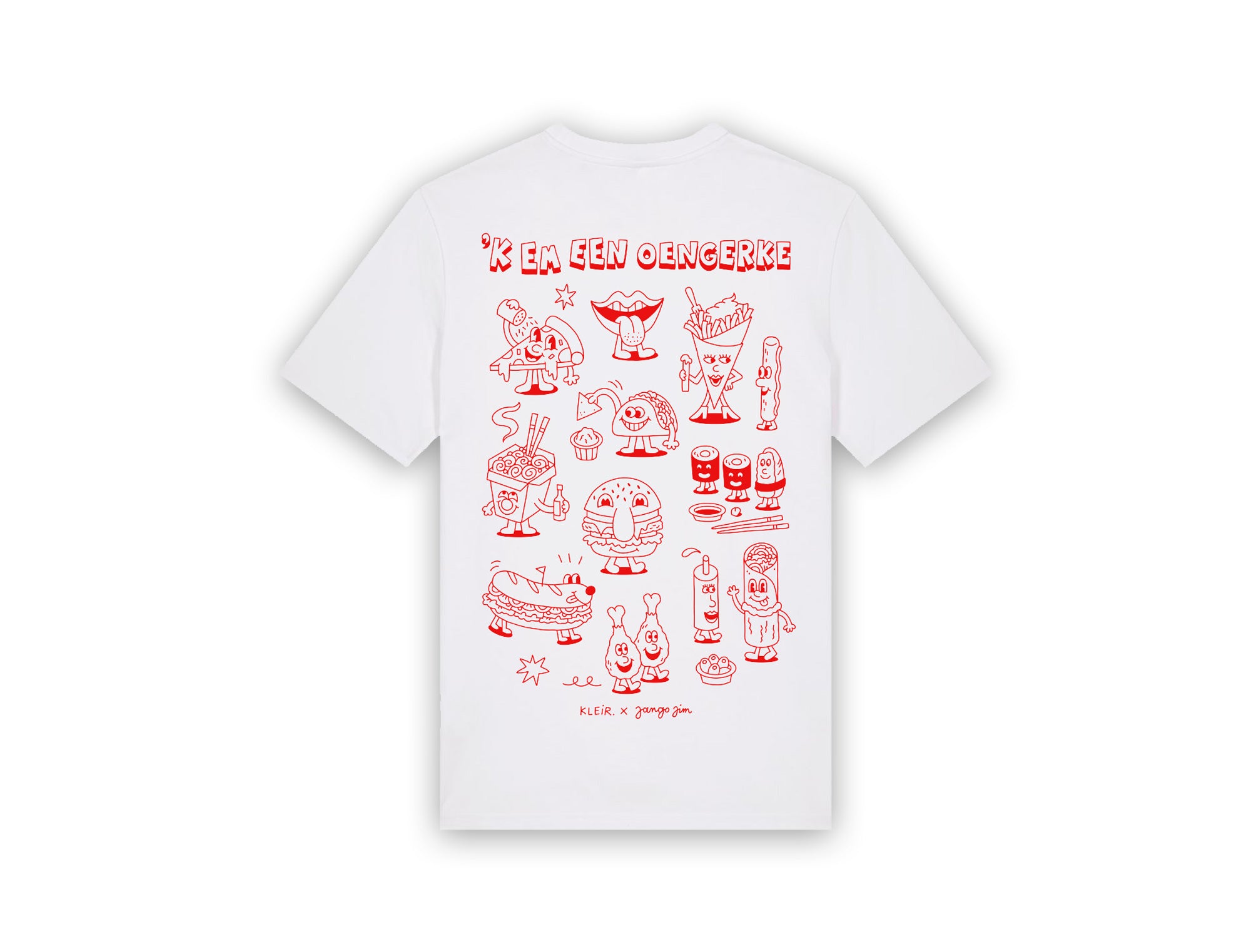 Witte T-shirt met een tekening van Jango Jim 'Kem een oengerke'.