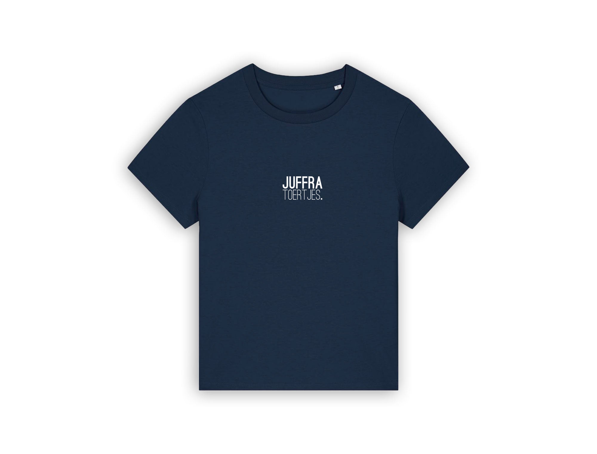 Donkerblauwe T-shirt met opdruk JUFFRA TOERTJES.