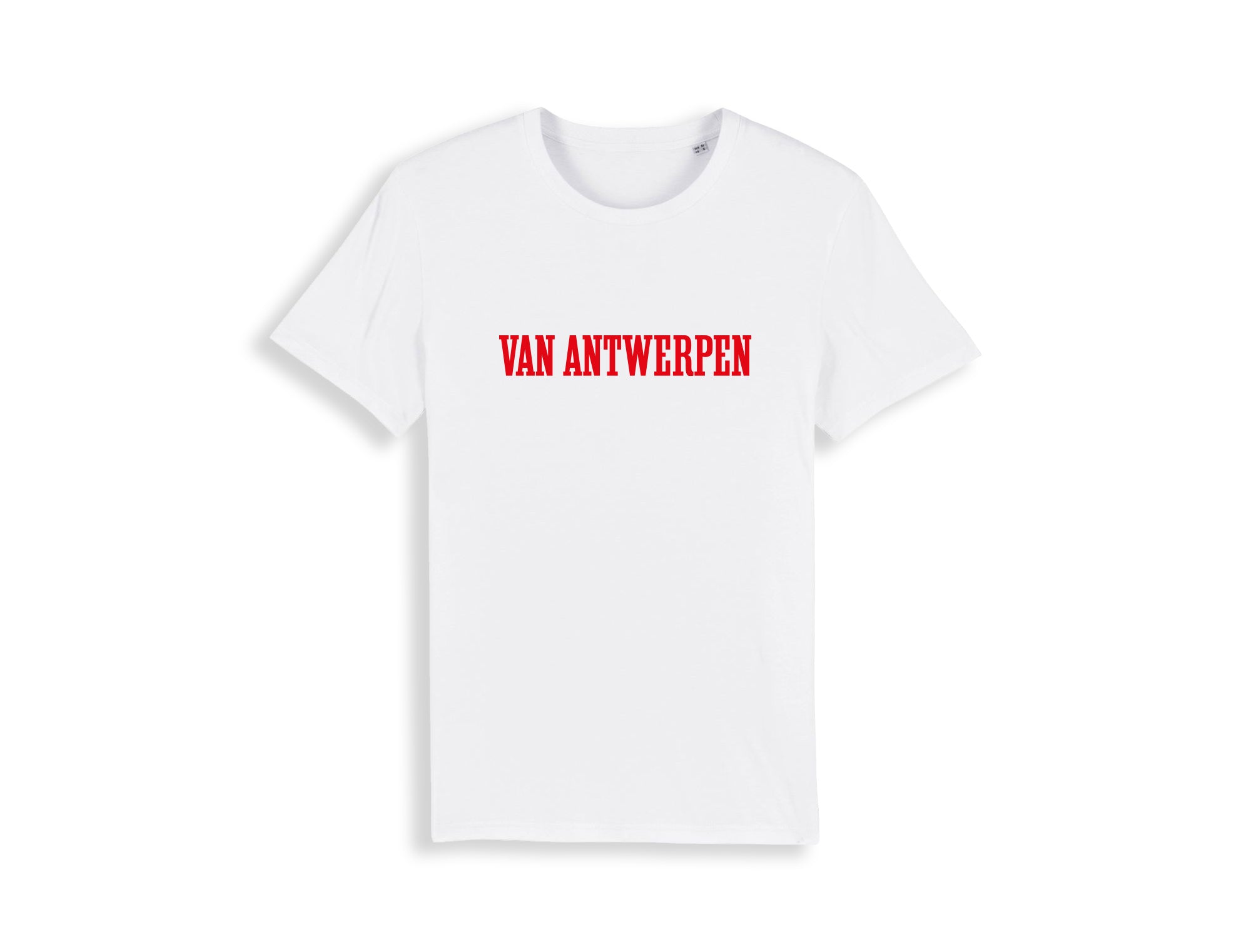 Witte T-shirt met rode opdruk VANANTWERPEN.