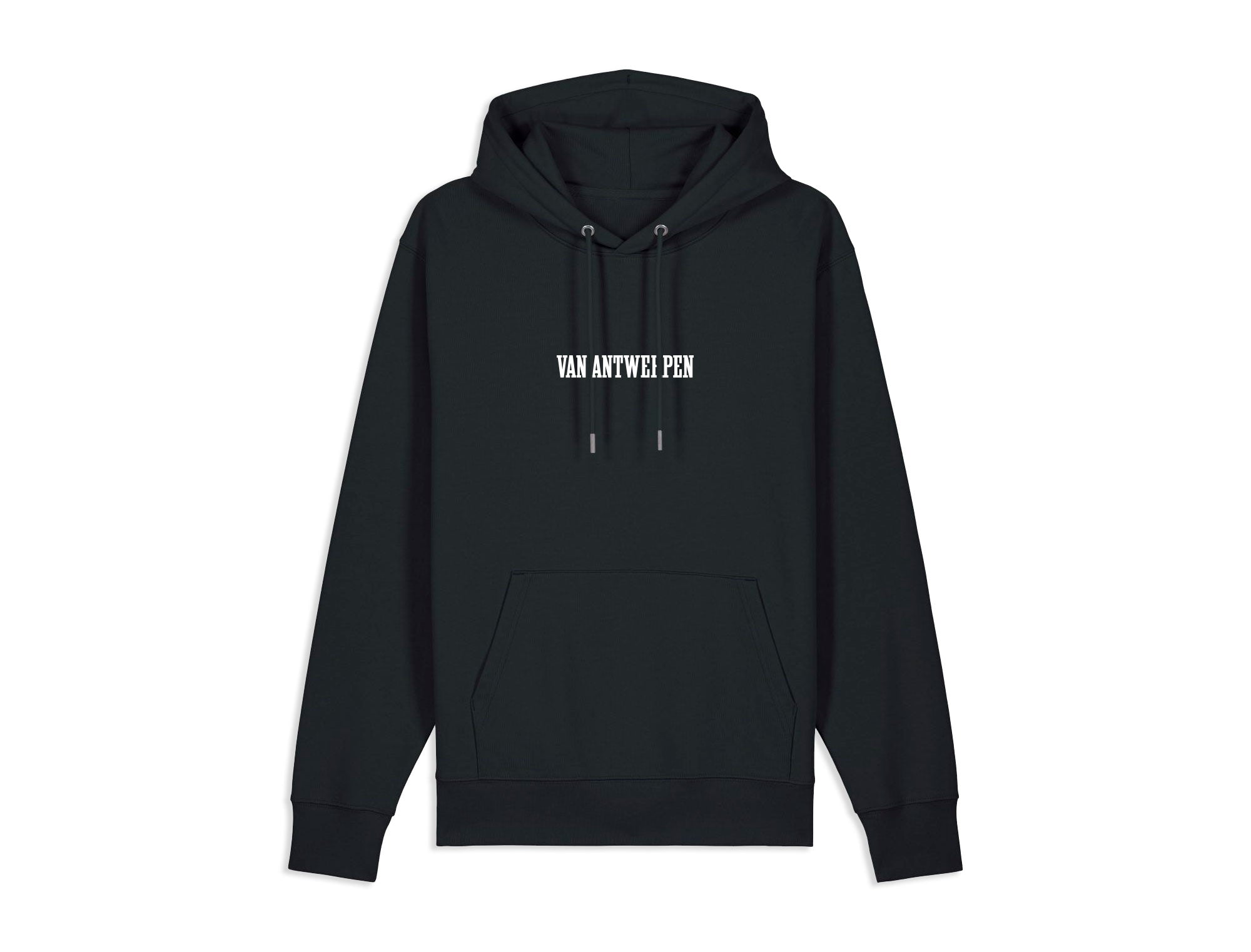 Zwarte hoodie met opdruk Van Antwerpen in de typische GVA letters.