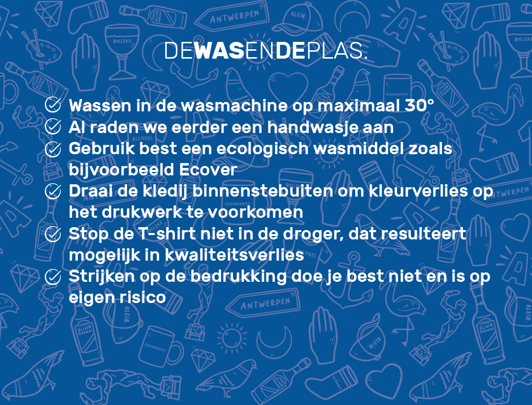Was en strijk voorschriften voor de T-shirts van KLEIR.