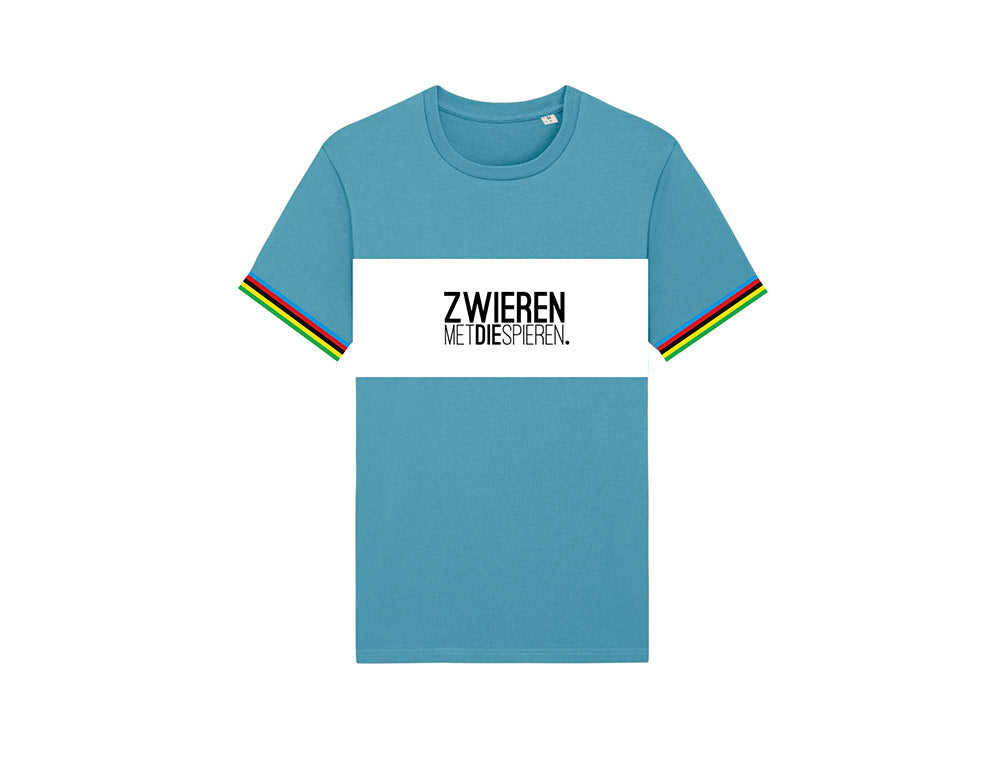 Blauwe T-shirt met opdruk ZWIERENMETDIESPIEREN. 
