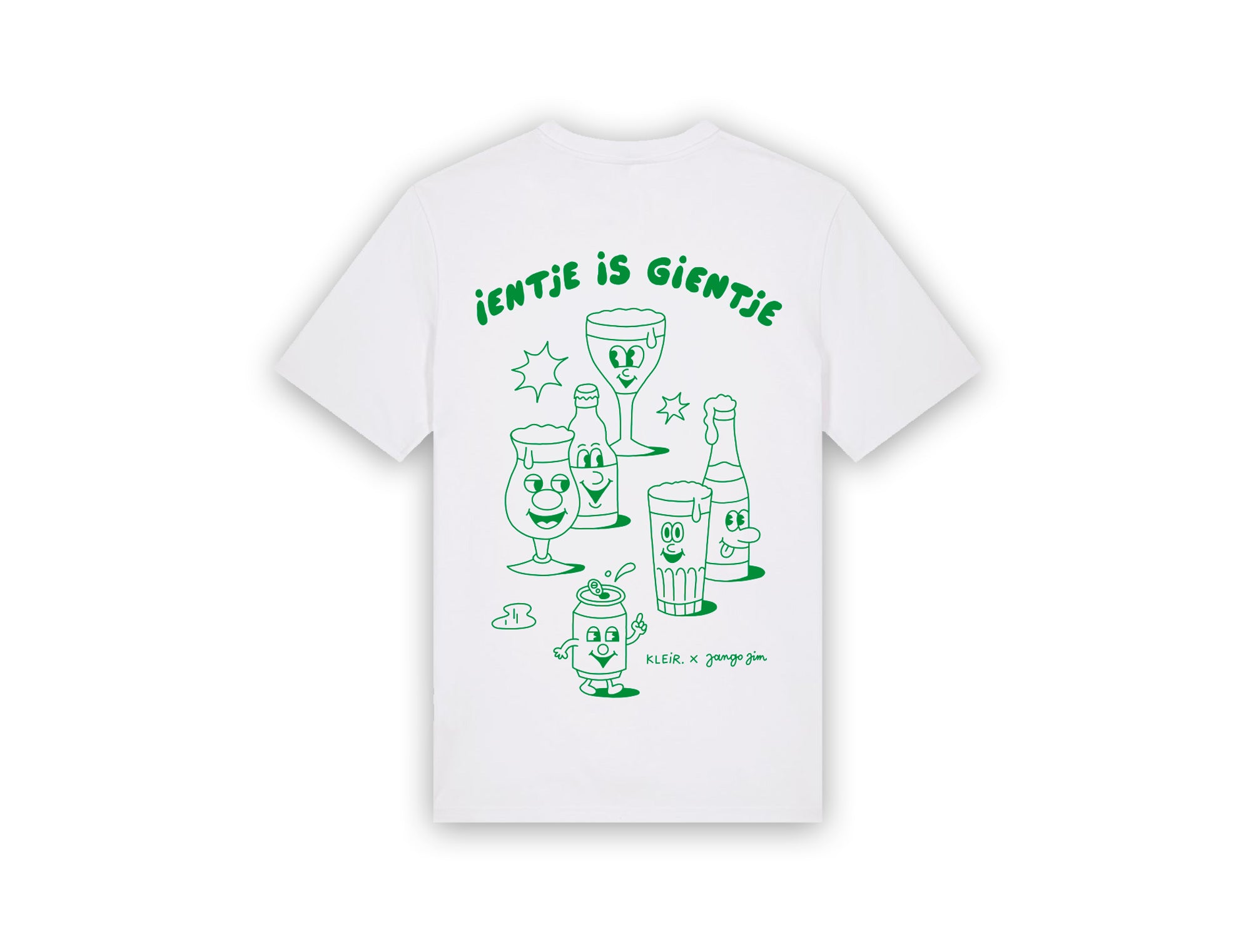 Witte T-shirt met een tekening van Jango Jim 'Ientje is gientje'.