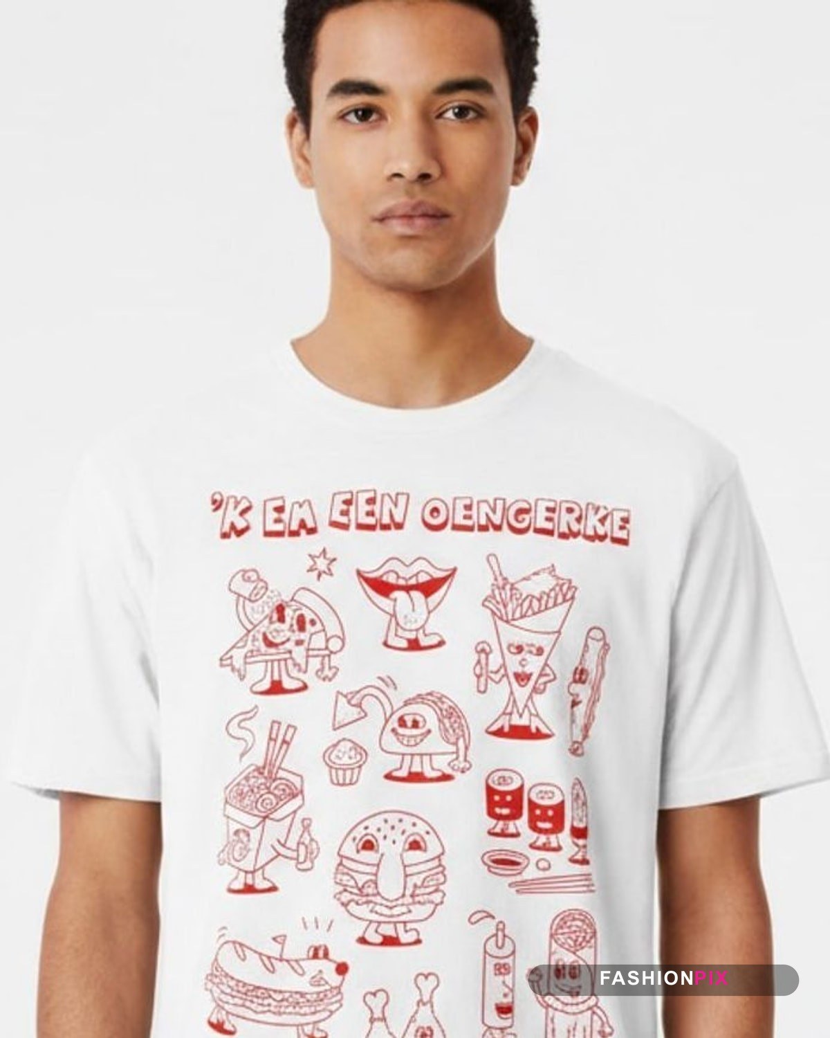 Close-up van de stof en naad bij de halsboord van een wit T-shirt