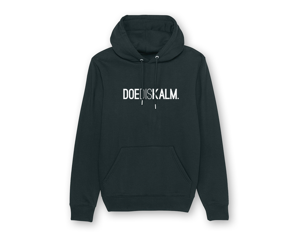 Zwarte hoodie met opdruk DOEDISKALM.