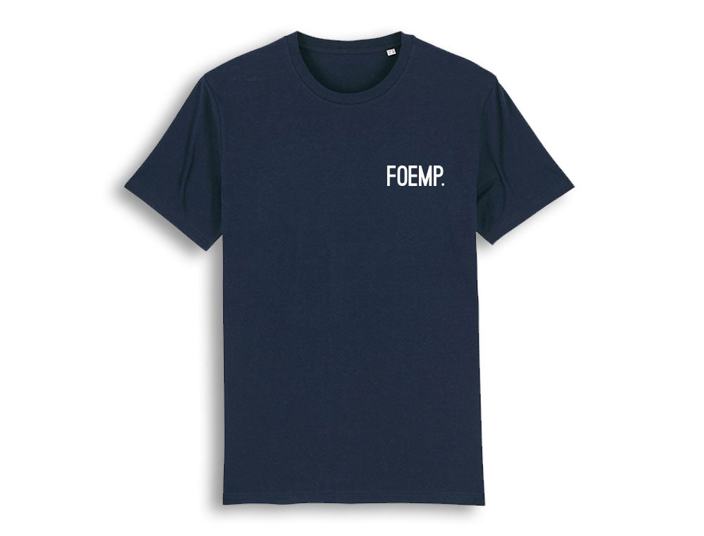 Blauwe T-shirt met opdruk FOEMP.