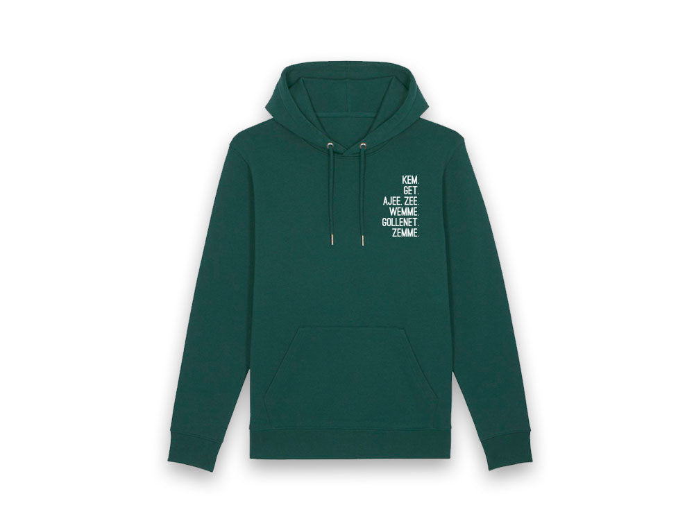 Groene hoodie met als opdruk de vervoeging van het werkwoord 'hebben'.