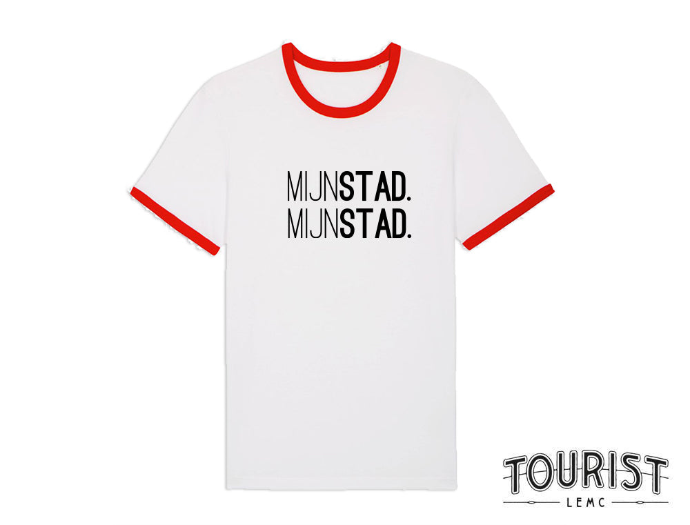 Witte T-shirt met rode rand met opdruk MIJNSTAD. MIJNSTAD. - collectie Tourist LeMC