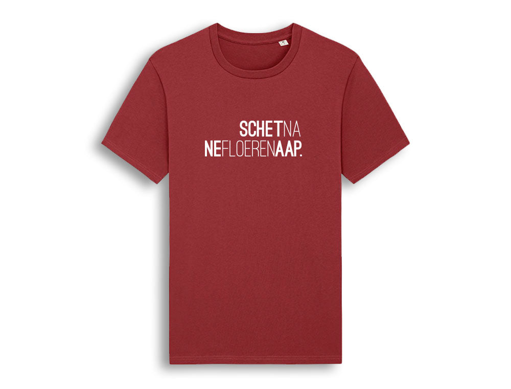 Rode T-shirt met opdruk SCHETNANEFLOERENAAP.