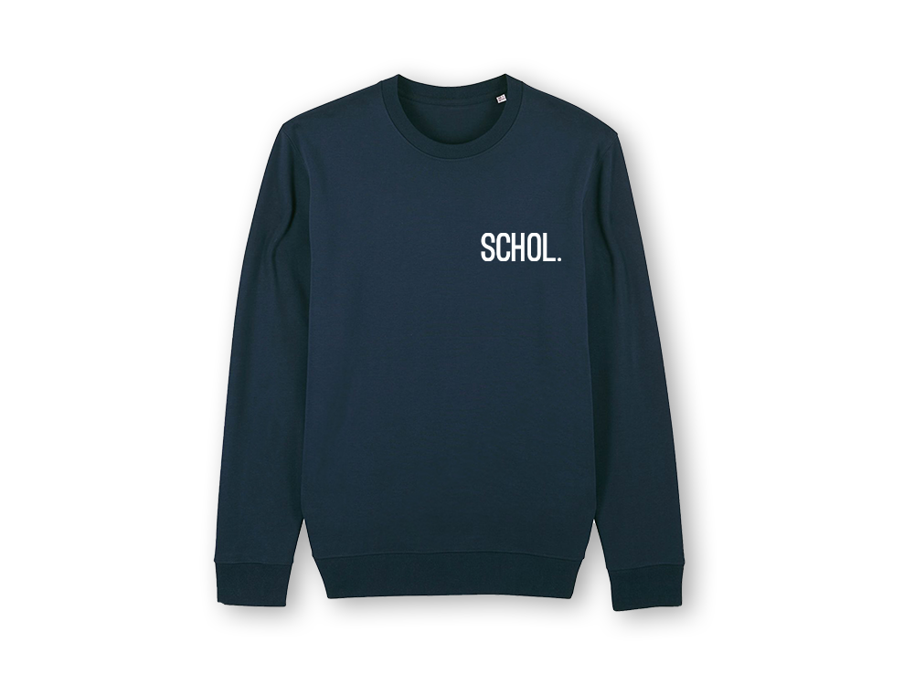 Blauwe trui met opdruk SCHOL