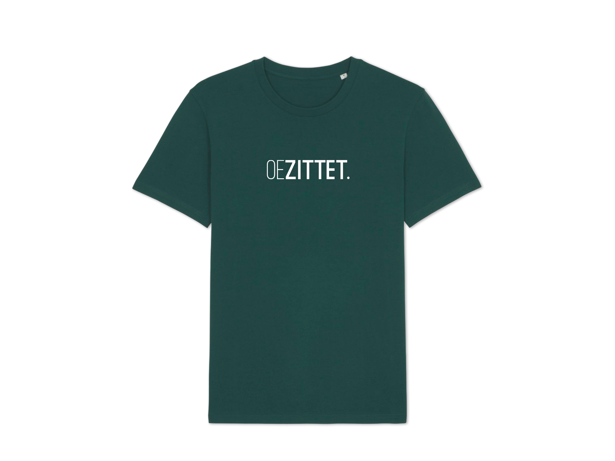 Petrolblauwe T-shirt met opdruk OEZITTET.