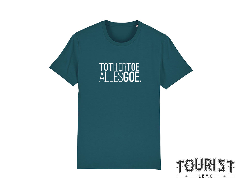 Blauwe T-shirt met opdruk TOTHIERTOEALLESGOE. - collectie Tourist LeMC