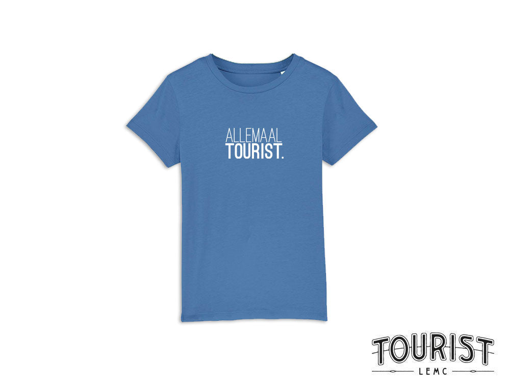 Blauwe T-shirt met opdruk ALLEMAALTOURIST.