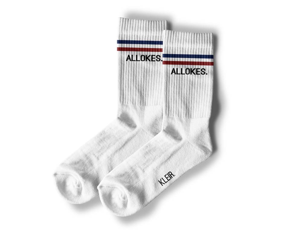 Witte sokken met opdruk ALLOKES. in verpakking.
