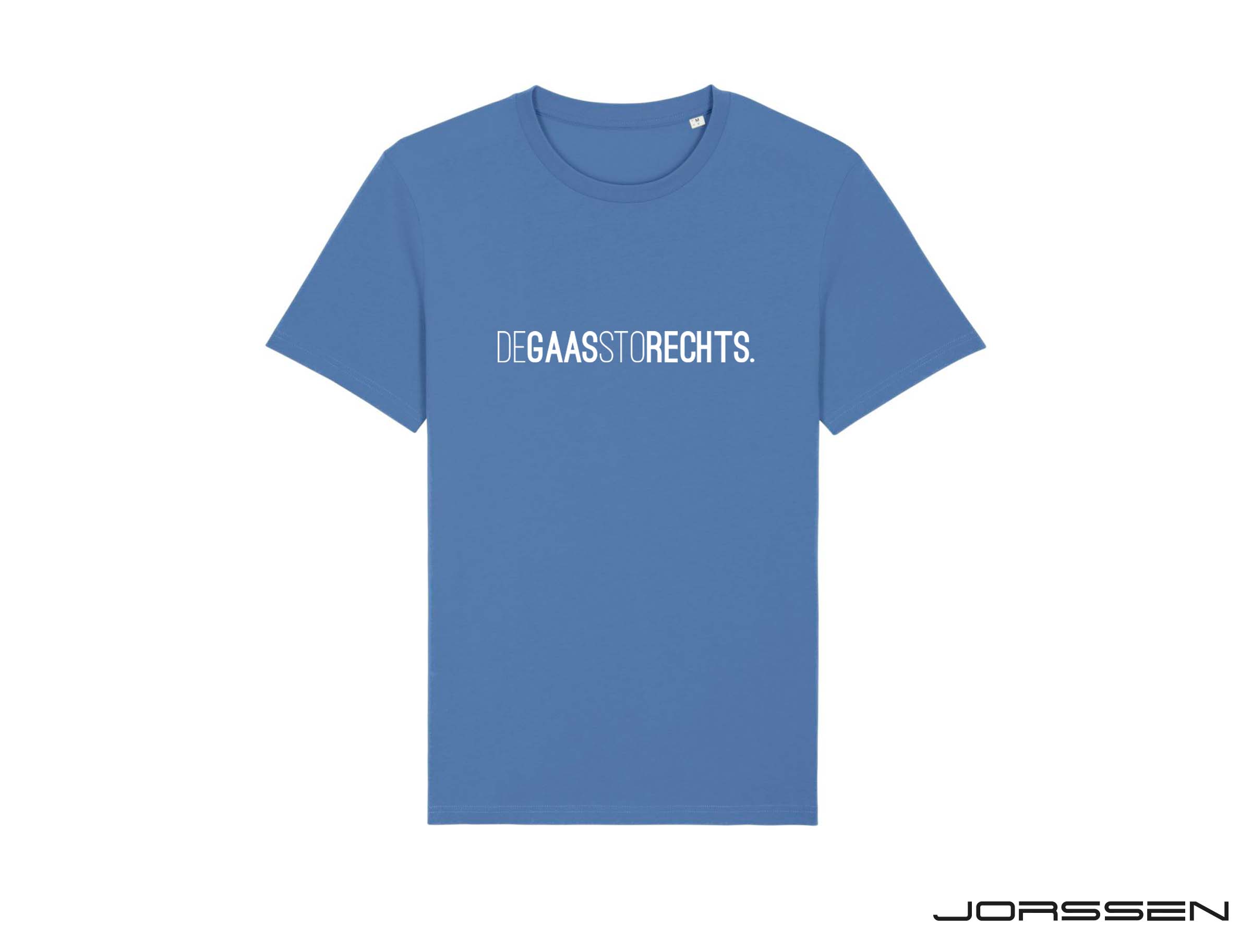 DEGAASSTORECHTS. Blauwe T-shirt voor volwassenen in samenwerking met Jorssen