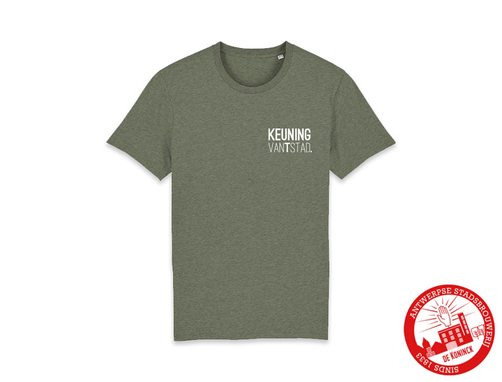 Kaki T-shirt met opdruk 'Keuning van 't Stad'.