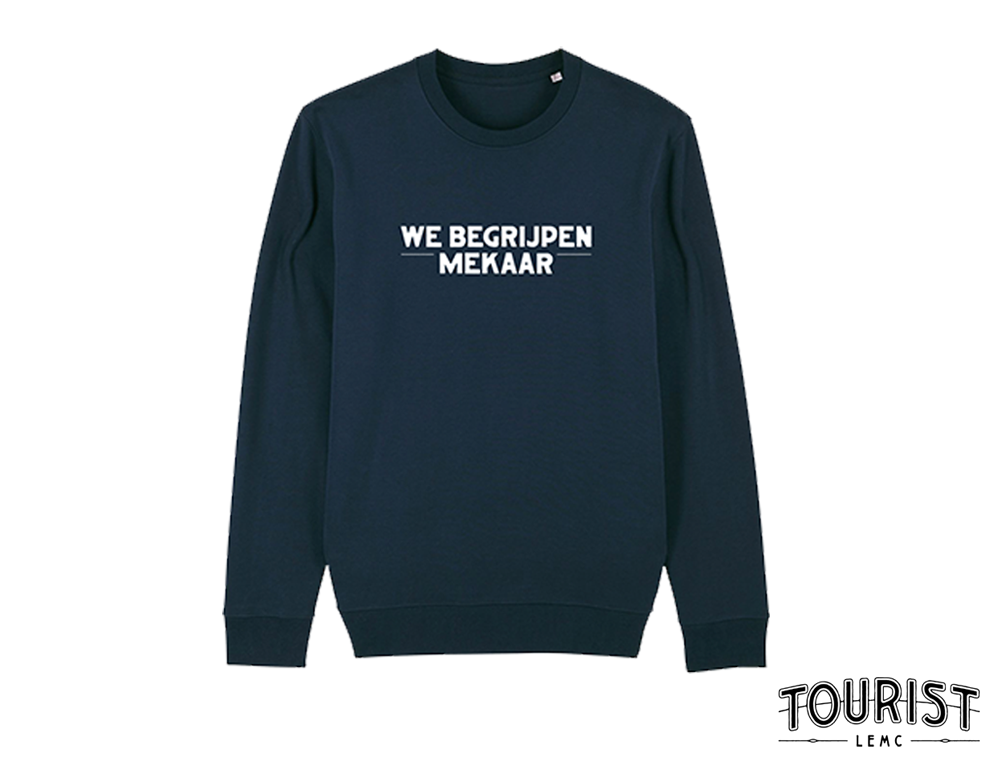 Blauwe trui met opdruk we begrijpen mekaar.