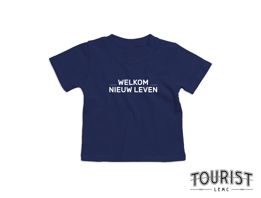 Blauwe baby T-shirt met opdruk Welkom nieuw leven.